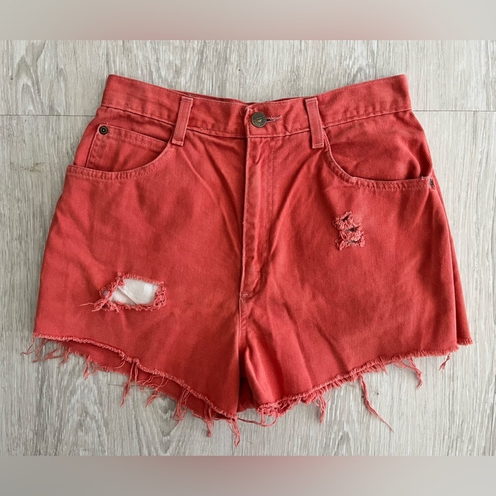Shorts Vintage 90s Denim Cutoff Hunt Club Coral Ripped Raw Hem High Waist 3/4